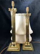 Two brass pillar lamps with silk shades