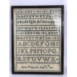 Framed 19th Century Sampler by Sarah Fitzgerald dated August 12th 1852