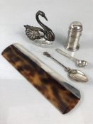Collection of silver items to include comb, Swan salt (A/F) spoons and pepper shaker all hallmarked