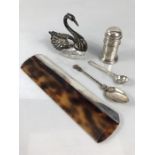 Collection of silver items to include comb, Swan salt (A/F) spoons and pepper shaker all hallmarked