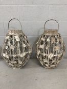 Pair of painted wooden rustic lanterns with glass liners