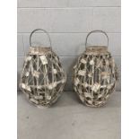 Pair of painted wooden rustic lanterns with glass liners