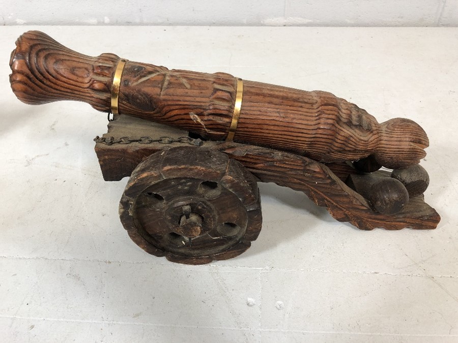 Two wooden carved and brass-bound cannons, the larger approx 52cm in length - Image 3 of 4