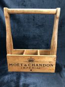 Wooden three compartment storage crate / bottle holder marked 'Moet & Chandon'