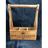 Wooden three compartment storage crate / bottle holder marked 'Moet & Chandon'