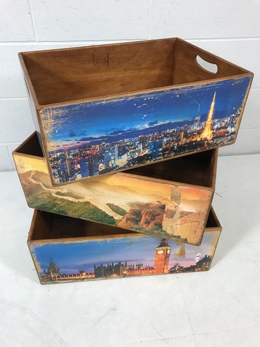 Set of three stacking wooden storage boxes / crates with decorative photographic designs