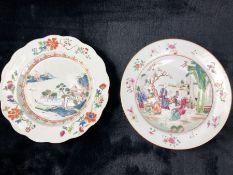 Two Chinese, possibly Chien Lung, plates with floral design and hand-painted landscape/character