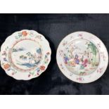 Two Chinese, possibly Chien Lung, plates with floral design and hand-painted landscape/character