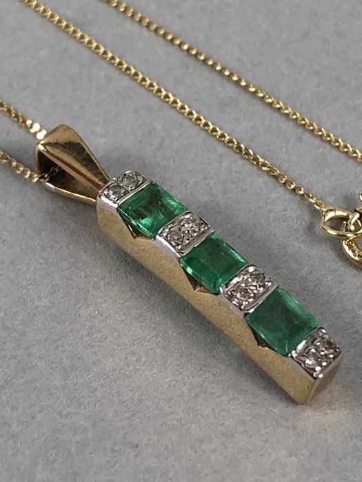 9ct Gold pendant set with Diamonds and Green square cut Emeralds on 9ct fine necklace - Image 5 of 5
