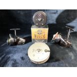 Three Vintage fishing reels, a J W Young, intrepid Diplomat & Black Prince reels