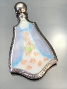 Silver and enamel perfume flask c1940, marked Sterling to reverse (possibly by Gorham) decorated