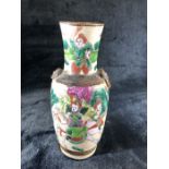 Small Chinese vase (A/F) crackle glaze Brown etched mark to base depicting warriors on horse back