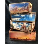 Set of four stacking wooden storage boxes / crates with decorative photographic designs