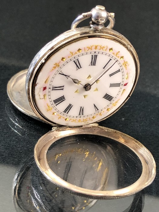 Silver Hallmarked 0.935 Silver cased ladies pocket watch with enamel dial and gold decoration - Image 3 of 7