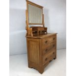 Satin wood chest of three drawers with brass handles and mirror and drawer over