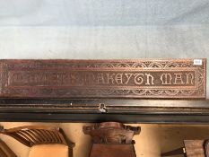 Carved Oak Plaque which reads "manners makeyth man" approx 106cm x 20cm