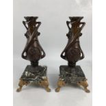 Pair of Bronzed Art Nouveau Candlesticks on Marble Plynth Both French and Signed "C. BONNEFOND".