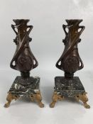 Pair of Bronzed Art Nouveau Candlesticks on Marble Plynth Both French and Signed "C. BONNEFOND".