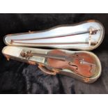 Unmarked Violin in case with two bows with mother pearl detailing (A/F)
