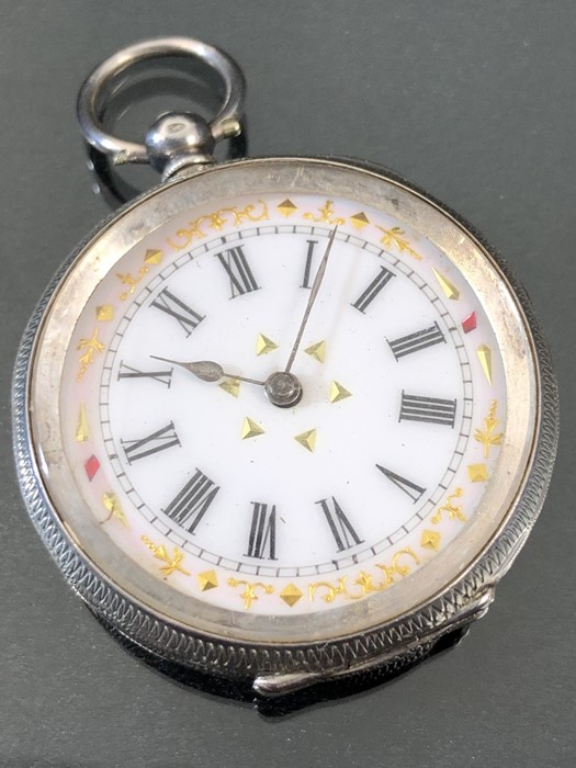 Silver Hallmarked 0.935 Silver cased ladies pocket watch with enamel dial and gold decoration - Image 7 of 7