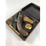 Derringer Style English Percussion pocket pistol in Leather case (with Key) signed "RICHARDSON" to