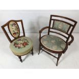 Two antique bedroom chairs, one of oval design, the other with tapestry seat and back