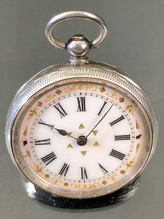 Silver Hallmarked 0.935 Silver cased ladies pocket watch with enamel dial and gold decoration - Image 2 of 7