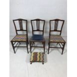 Three inlaid bedroom chairs, two with tapestry seats and a matching footstool