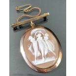 9ct Gold framed Cameo with 9ct Gold Bar and chain with window for picture to reverse