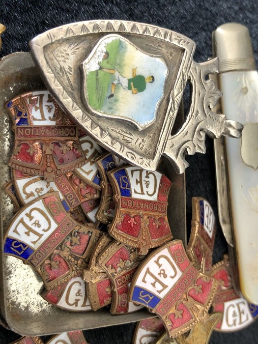Quantity of Military Cap Badges,Pins, Medals, pendants and a Fruit knife - Image 3 of 7