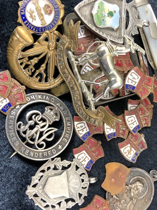 Quantity of Military Cap Badges,Pins, Medals, pendants and a Fruit knife - Image 5 of 7