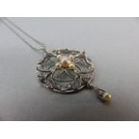 Edwardian (unmarked) Platinum set Diamond and Pearl Pendant, hung on a modern 18” Platinum ‘ball’