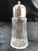 Glass sugar shaker with EPNS top possibly Edwardian