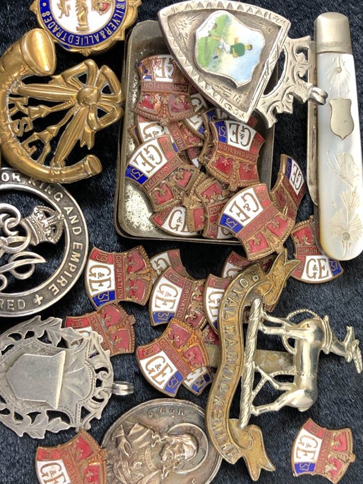 Quantity of Military Cap Badges,Pins, Medals, pendants and a Fruit knife - Image 2 of 7