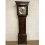 An oak longcase clock, the square brass 30cm dial with leaf scroll, Roman and Arabic chapter ring,