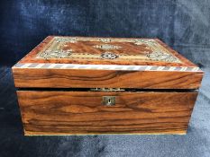 Writing box: Leather writing slope with compartments beneath. Box of Calamander with walnut lid