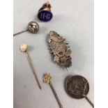 Collection of Hat pins (one is 9ct Gold, one has a horse head another an Owl). Silver hallmarked