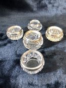 Five assorted Glass salts with Silver hallmarked collars (A/F)