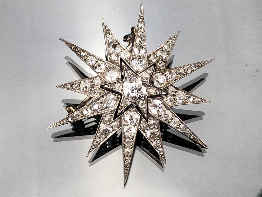 Late Victorian six-rayed Starburst Diamond Brooch, encrusted throughout with 97 various sized Old - Image 4 of 12