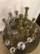 Collection of Glass, Silver plated and Brass candlesticks