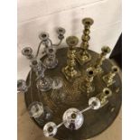 Collection of Glass, Silver plated and Brass candlesticks