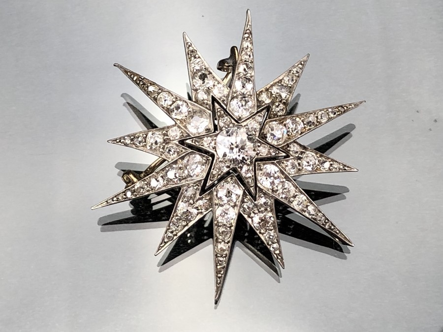 Late Victorian six-rayed Starburst Diamond Brooch, encrusted throughout with 97 various sized Old - Image 5 of 12