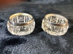 Pair of Silver topped Glass Birmingham hallmarked salts