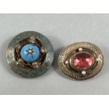 2 x Victorian Memorial Brooches (1) measuring approx: 32mm x 37.9mm across. Central Cabochon Pink