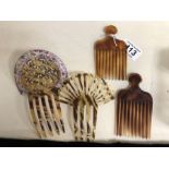 Collection of four Tortoise shell hair combs one with hand painted border