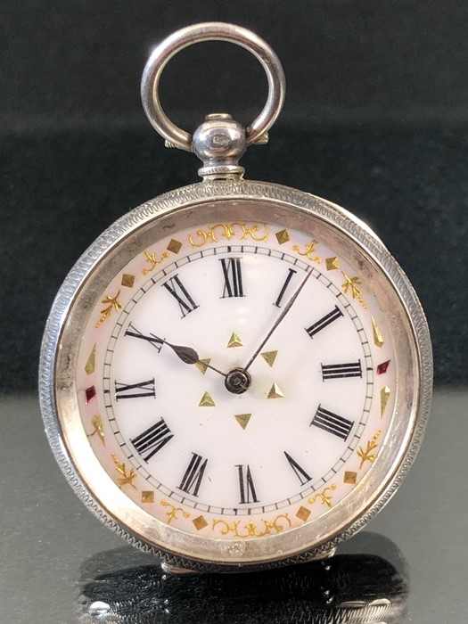 Silver Hallmarked 0.935 Silver cased ladies pocket watch with enamel dial and gold decoration