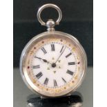 Silver Hallmarked 0.935 Silver cased ladies pocket watch with enamel dial and gold decoration