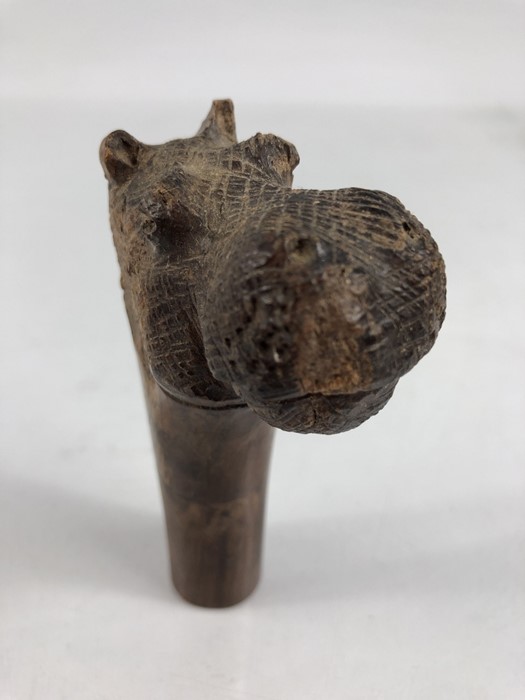 Two walking cane handles/ tops one decorative Brass and the other wooden carved Hippopotamus - Image 3 of 6