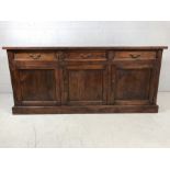 Large wooden modern sideboard with three drawers over approx 80 x 50 x 180cm