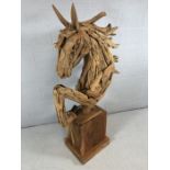 Large Architectural Hardwood Garden statue of a horses head on a square base Plynth Approx 153cm
